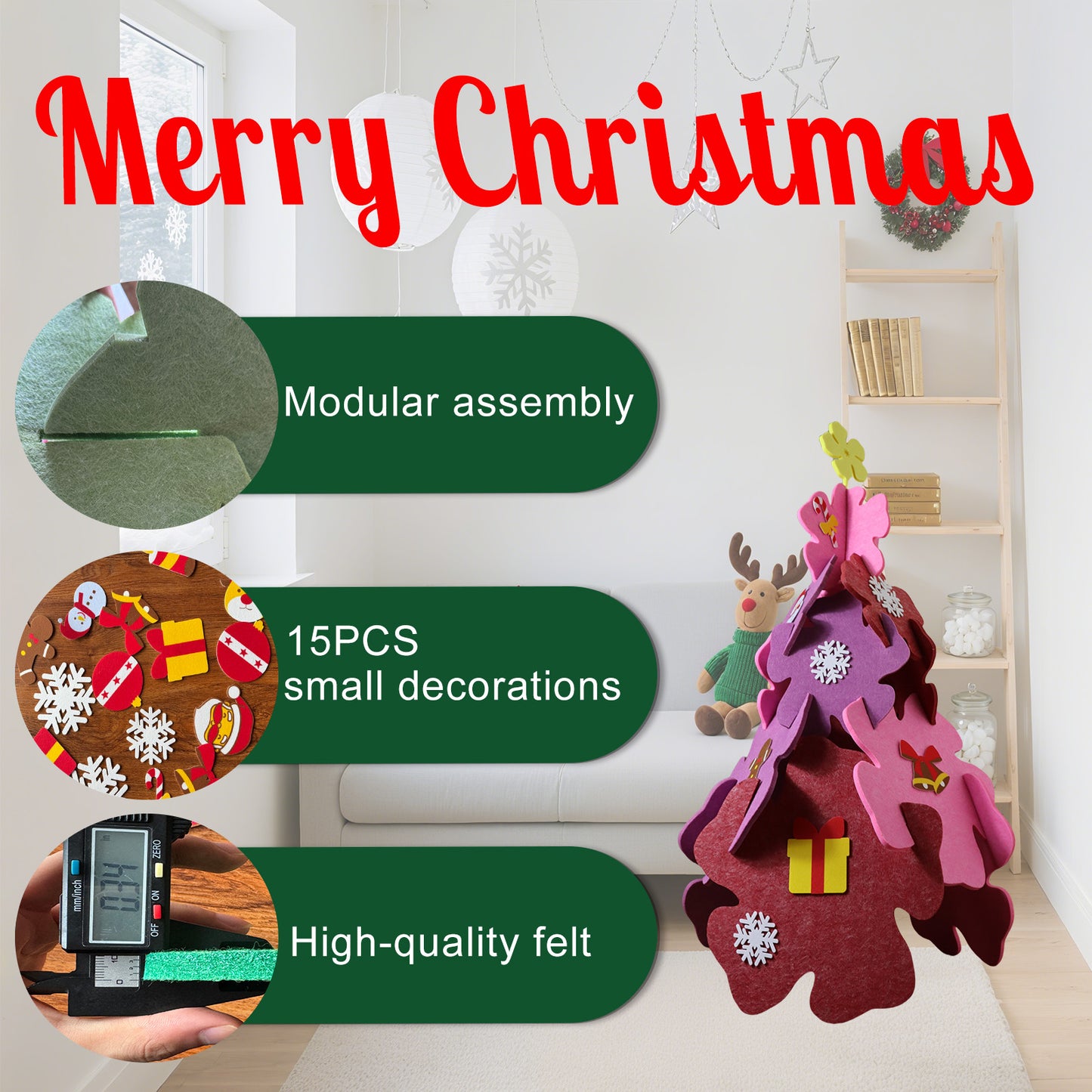 3D Felt Christmas Decoration Kits for Craft - Protable Folding Christmas Tree with 15pcs Small Decorations,Felt Art Kits for Indoor- Style Flower