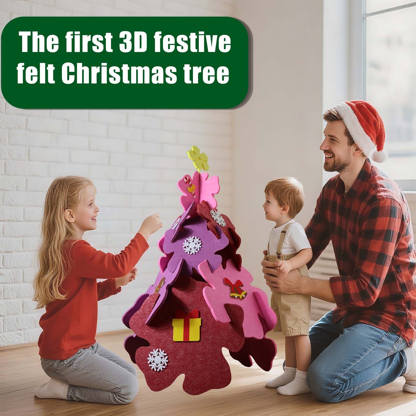 3D Felt Christmas Decoration Kits for Craft - Protable Folding Christmas Tree with 15pcs Small Decorations,Felt Art Kits for Indoor- Style Flower