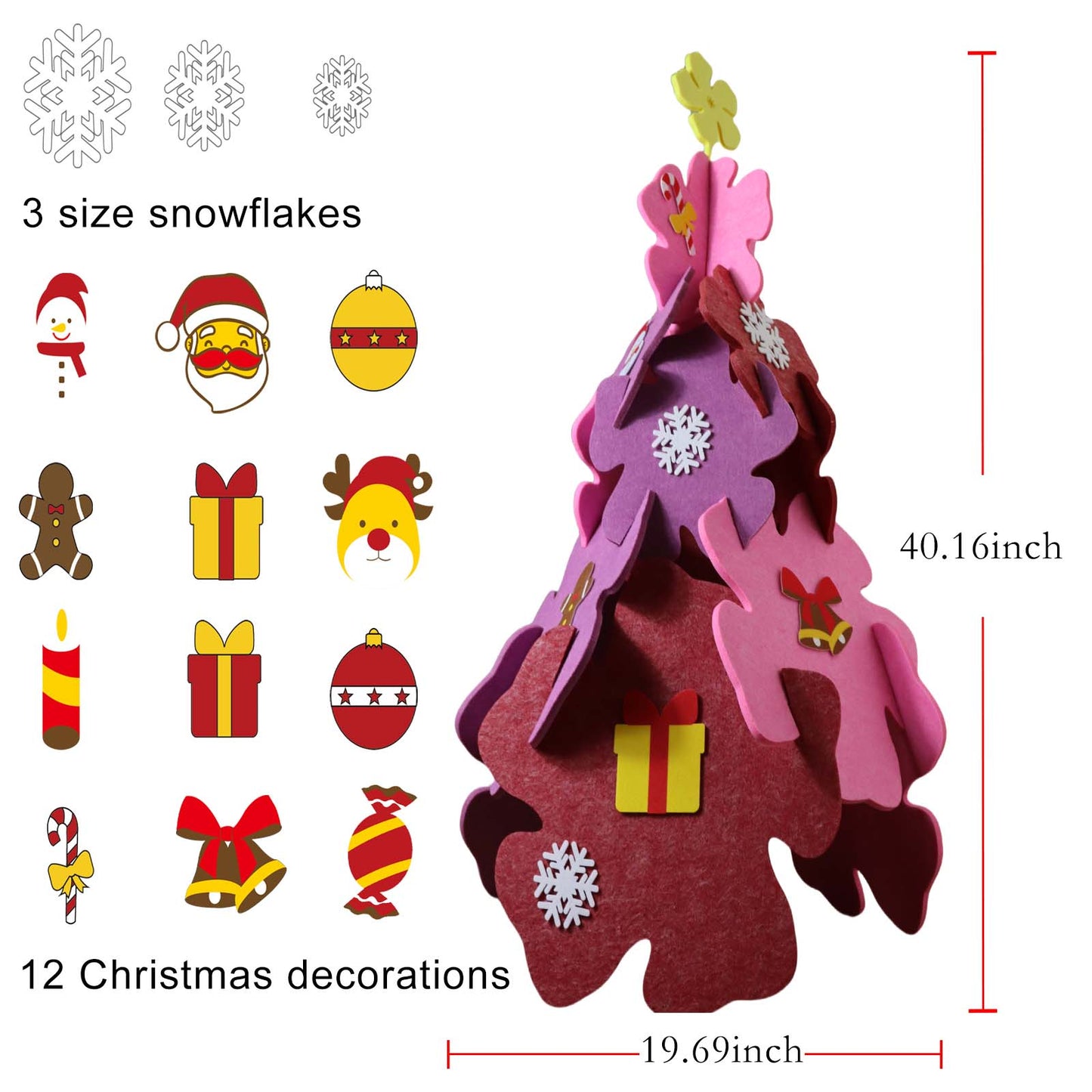 3D Felt Christmas Decoration Kits for Craft - Protable Folding Christmas Tree with 15pcs Small Decorations,Felt Art Kits for Indoor- Style Flower