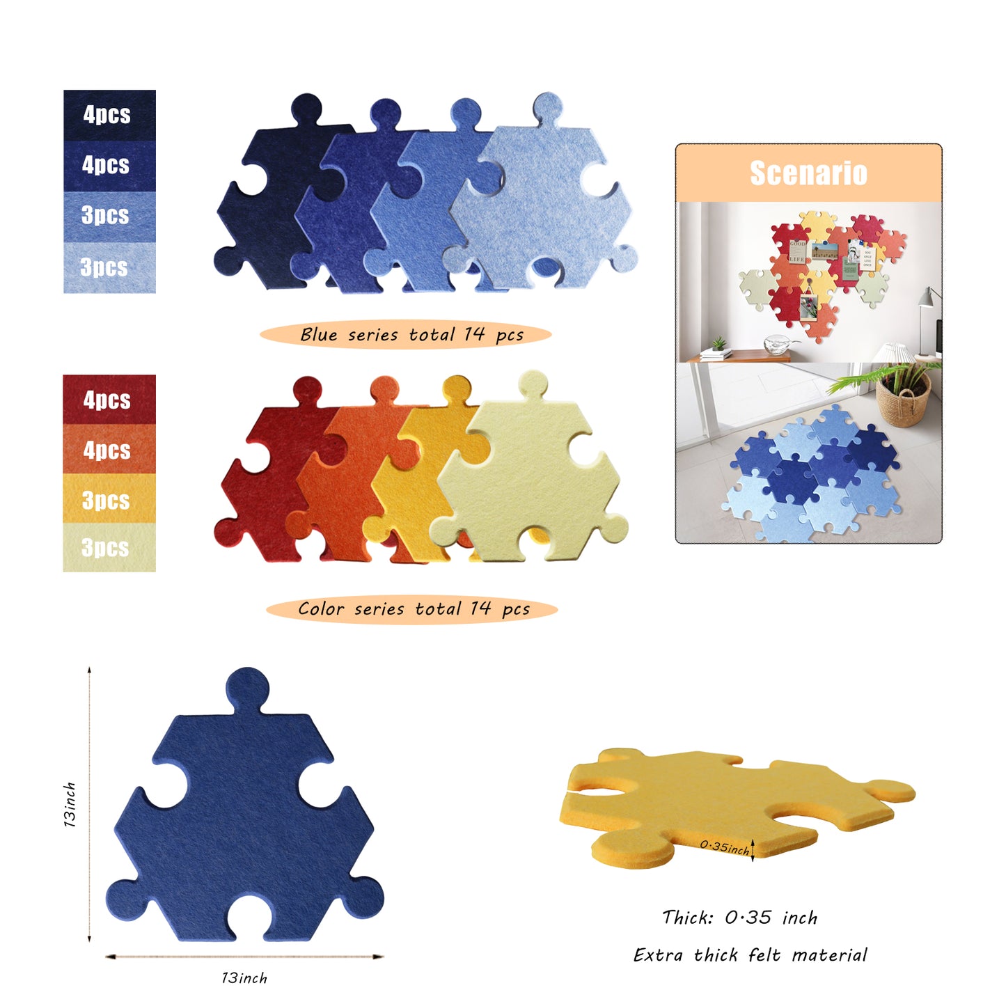 Feltor Hexagons Felt Puzzle Mat - 14 Individual Felt Boards , Portable Combination Removable, Felt carpet mat & bulletined borad, Suitable for Home and Play Areas.