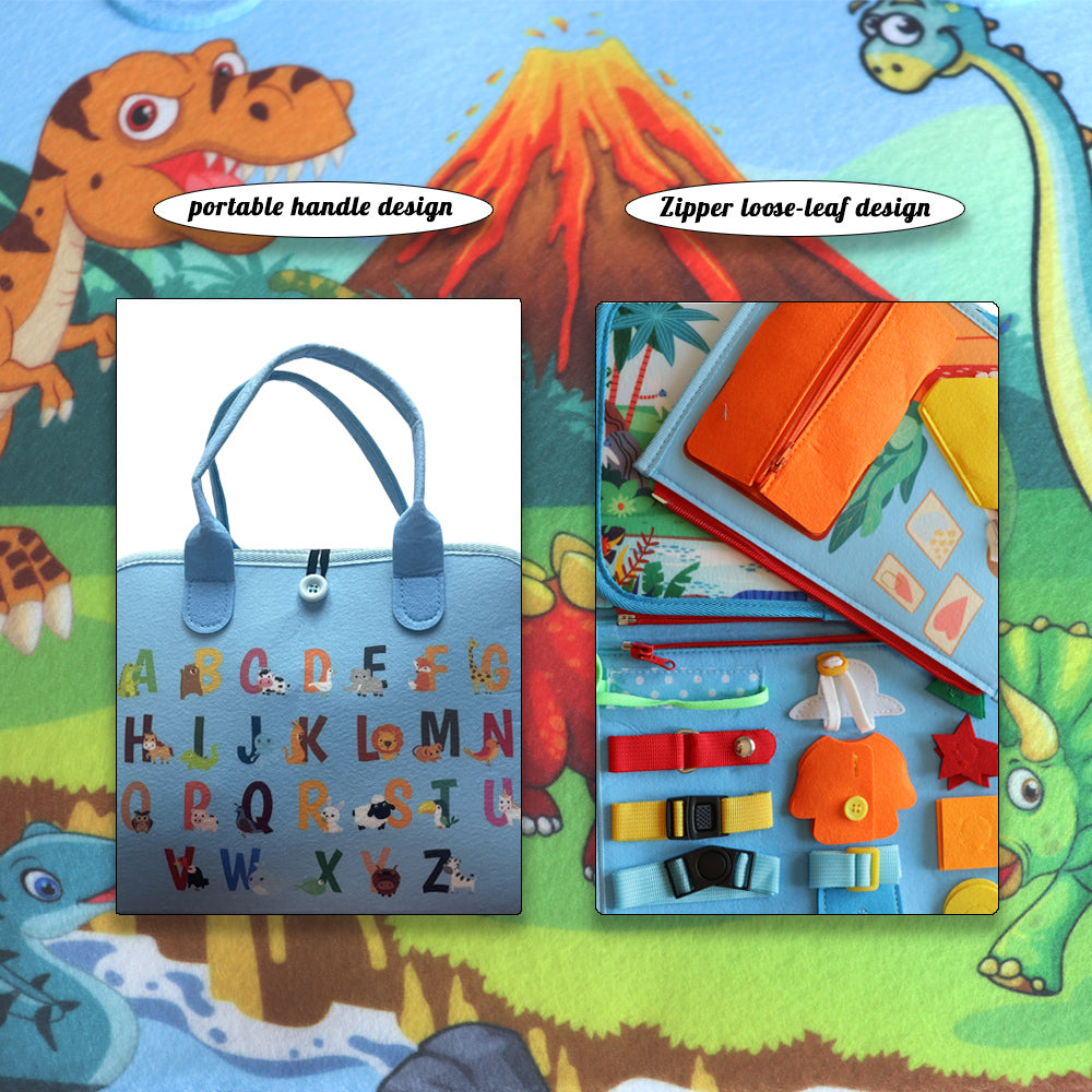 Feltor Felt Busy Book Sensory Toy for 1-3 Year Old Children Quiet Activity Book Educational Learning Contains Life Skills, Cognition, Sorting, Matching - Dinosaur Theme