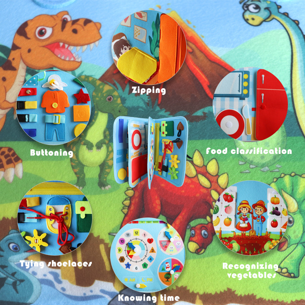 Feltor Felt Busy Book Sensory Toy for 1-3 Year Old Children Quiet Activity Book Educational Learning Contains Life Skills, Cognition, Sorting, Matching - Dinosaur Theme