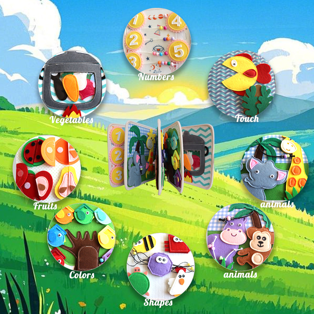 Feltor Felt Interactive Book Busy Book Toddler Learning Educational Toy Early Education Sensory Book Including Recognition of Animals, Fruits, and Vegetables