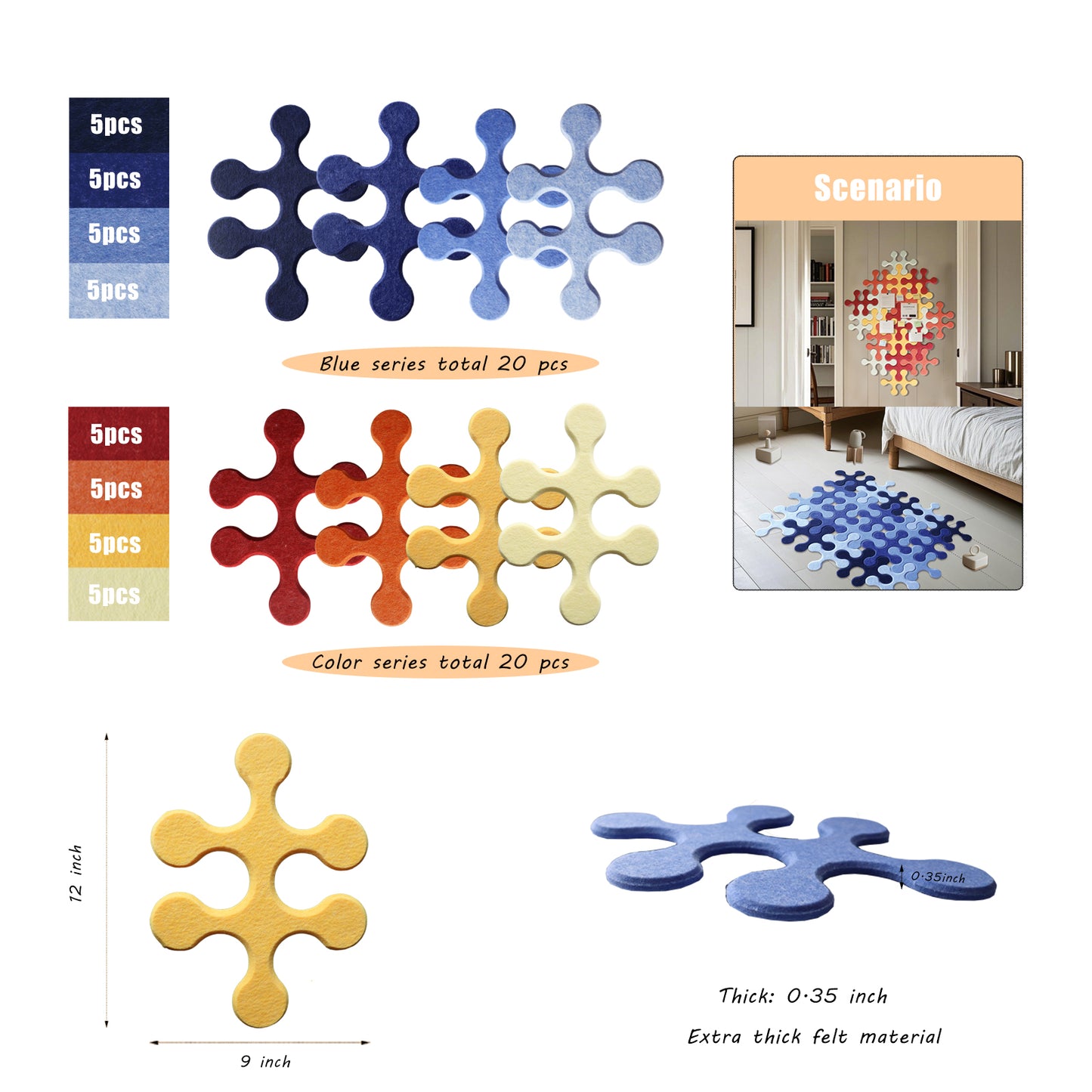 Feltor 20 Round Jigsaw Board, Soft Playmat Tiles For Kids, Felt Bulletin Boards(Includes Two Velcro Each piece)  For Wall & Floor Decoration