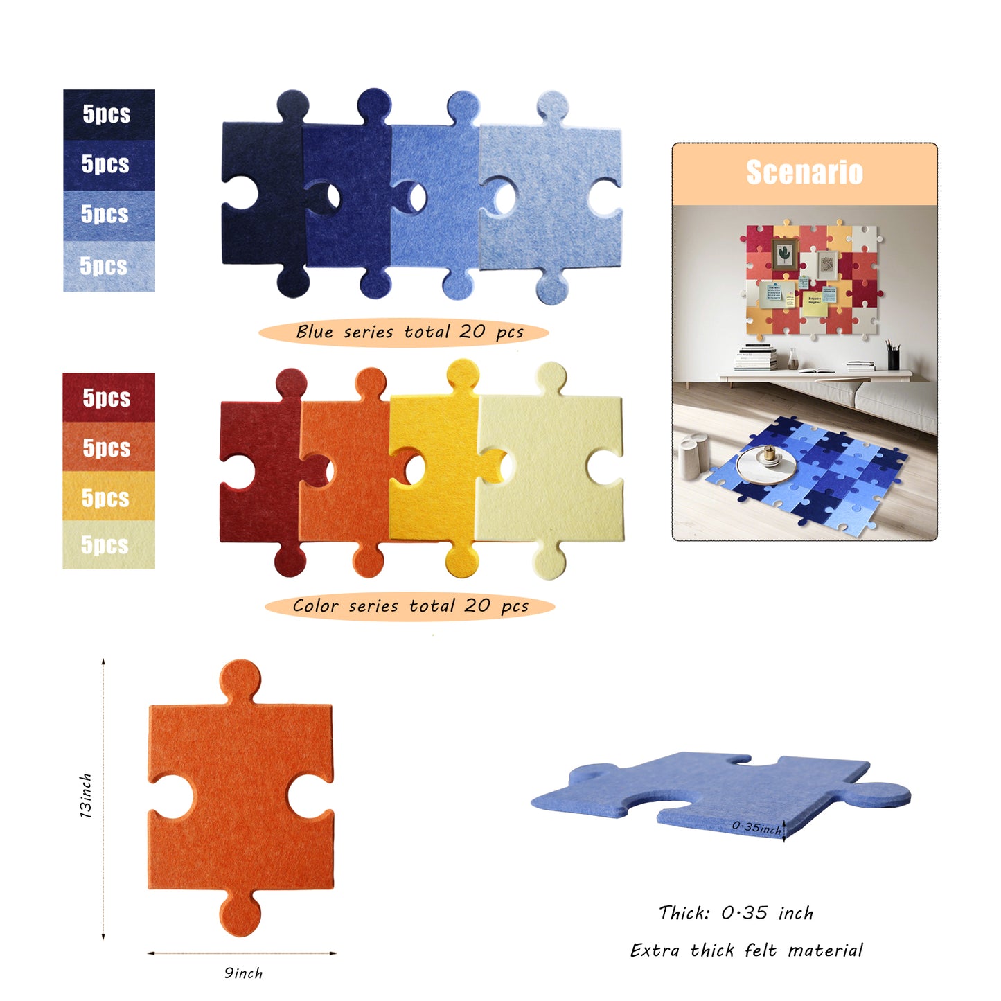 Feltor Square Felt Carpet Pad (20PCS), Soft Play Mat Tiles for Kids & Wall Bulletin Board （ Includes Two Velcro Each Piece ）DIY Any shape For Wall and Floor