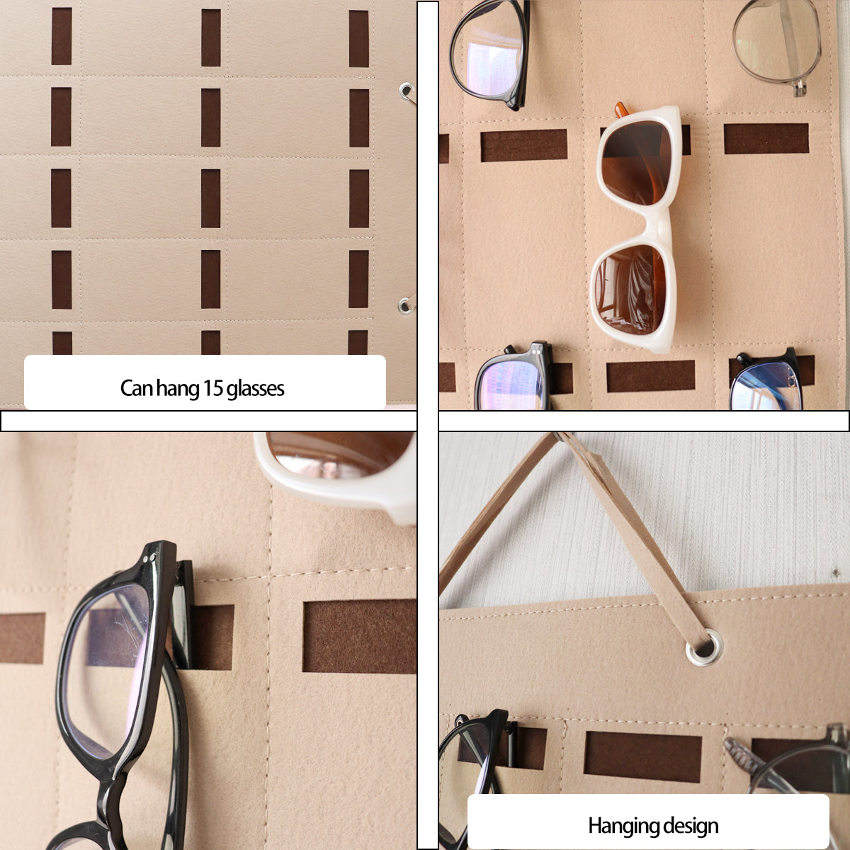 Feltor Sunglasses Storage Box, Wall-mounted Glasses Holder with 15 Transparent Glasses Slots and Metal Hooks, Felt Material Dust-proof Design - Glasses