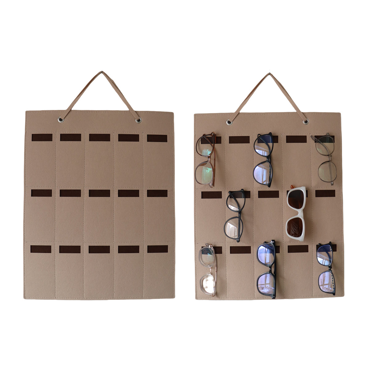 Feltor Sunglasses Storage Box, Wall-mounted Glasses Holder with 15 Transparent Glasses Slots and Metal Hooks, Felt Material Dust-proof Design - Glasses