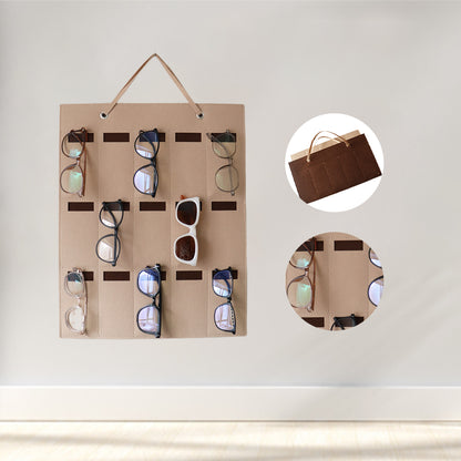 Feltor Sunglasses Storage Box, Wall-mounted Glasses Holder with 15 Transparent Glasses Slots and Metal Hooks, Felt Material Dust-proof Design - Glasses