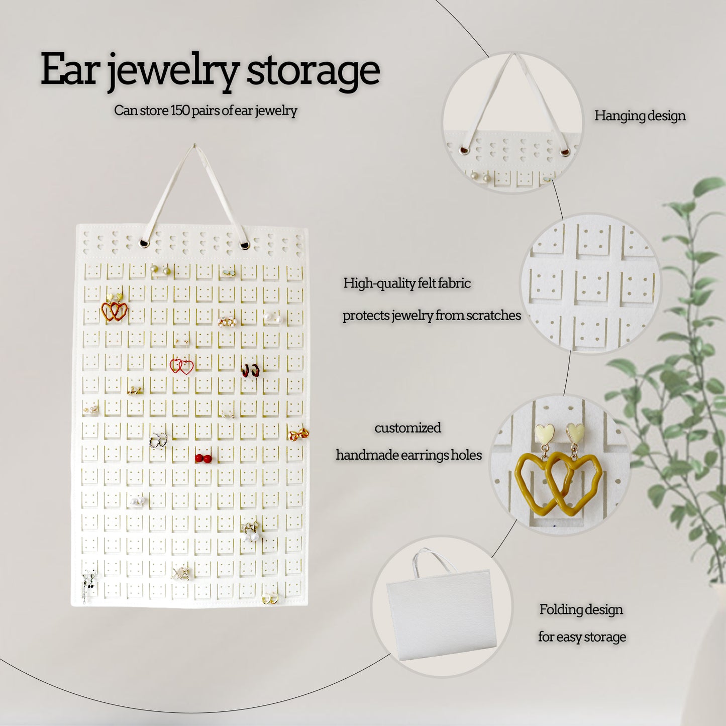 Feltor Hanging Earring Organizer Holde - Compact Earring Display for 300 Pairs, Soft Felt Material, Space-Saving Earring Hanger Hanging Organizer for Women, Girls - 1 Pack