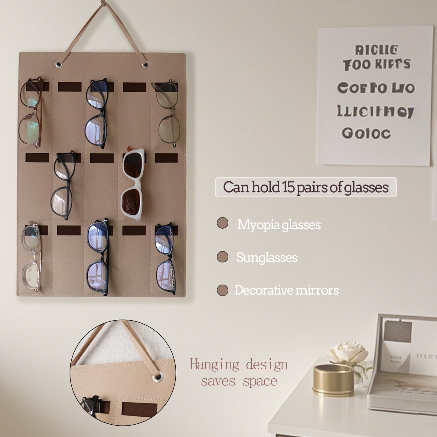 Feltor Sunglasses Storage Box, Wall-mounted Glasses Holder with 15 Transparent Glasses Slots and Metal Hooks, Felt Material Dust-proof Design - Glasses
