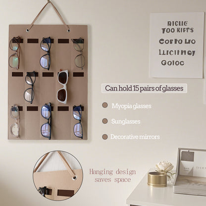 Feltor Sunglasses Storage Box, Wall-mounted Glasses Holder with 15 Transparent Glasses Slots and Metal Hooks, Felt Material Dust-proof Design - Glasses